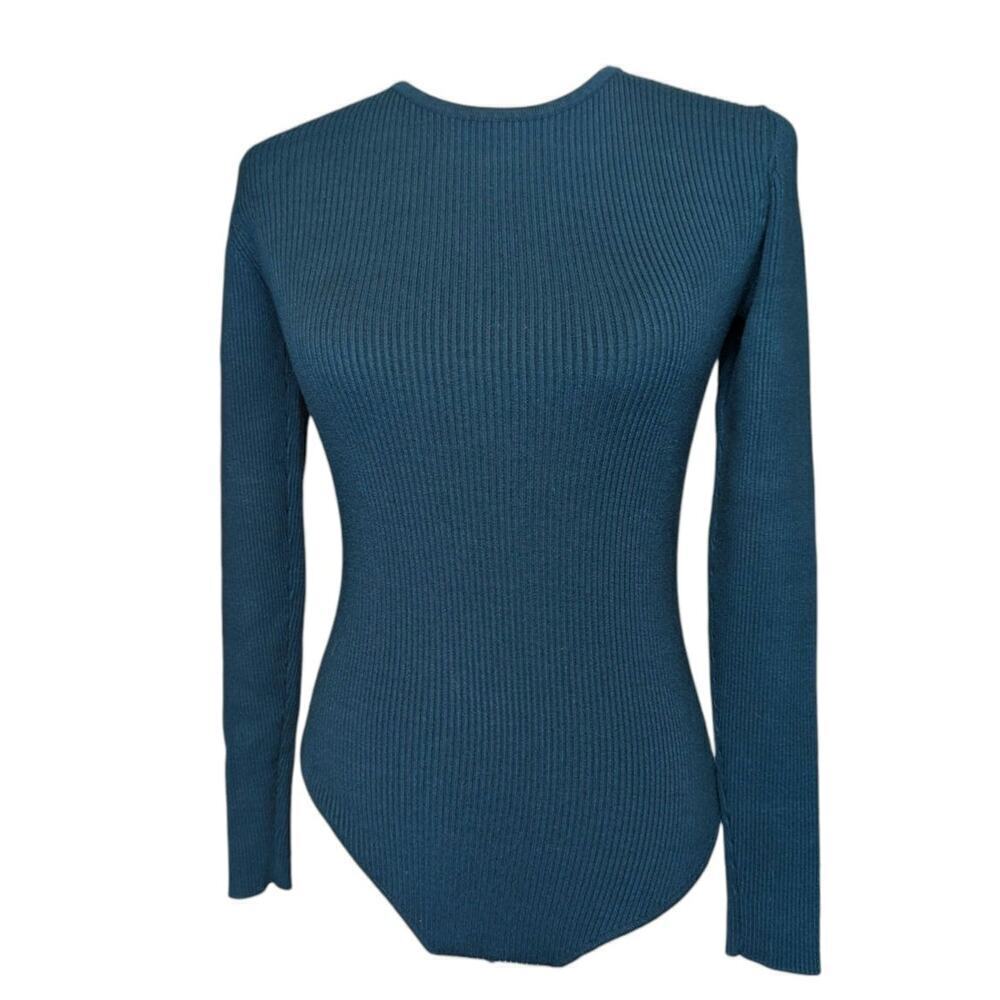 Veiled Modest Long Sleeve Bodysuit Turquoise Ribbed Size Small